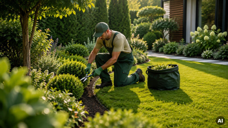 Gartenpflege Gärtner beim Formschnitt im Sonnengarten