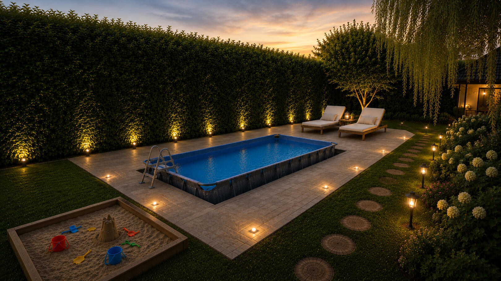 Gartenbeleuchtung Stimmungsvoller Gartenweg im Abendlicht